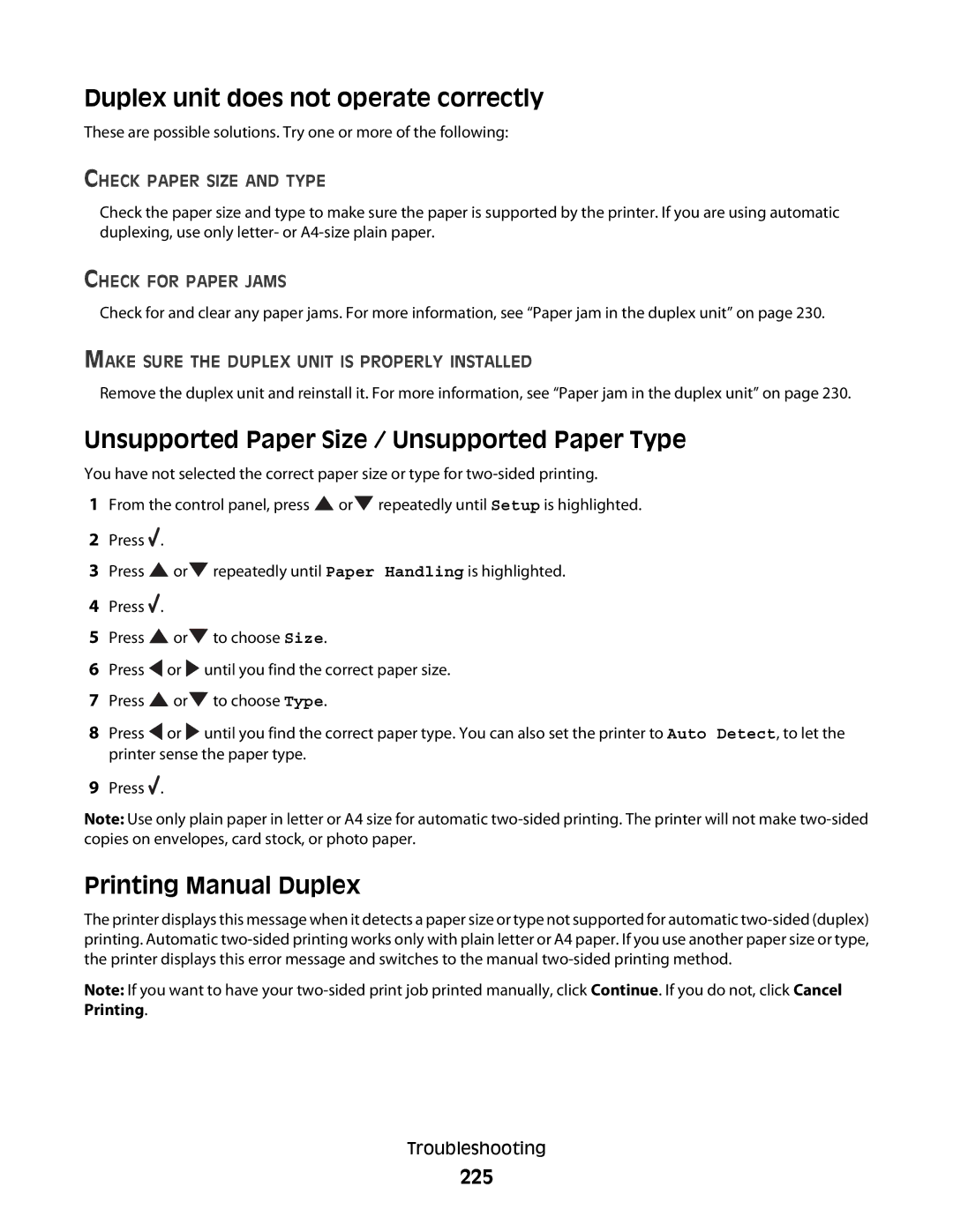 Lexmark 9500 Series manual Duplex unit does not operate correctly, Unsupported Paper Size / Unsupported Paper Type, 225 