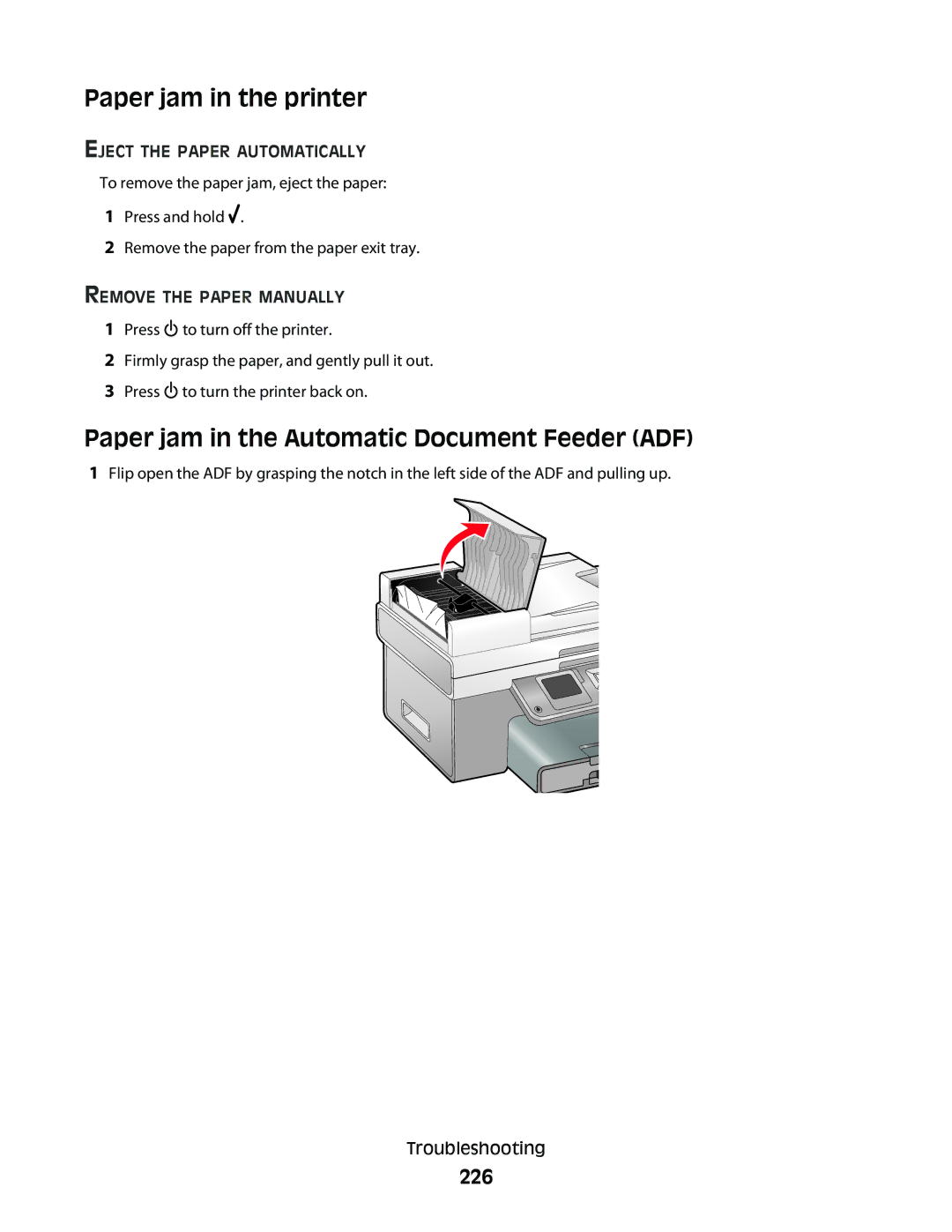 Lexmark 9500 Series manual Paper jam in the printer, Paper jam in the Automatic Document Feeder ADF, 226 