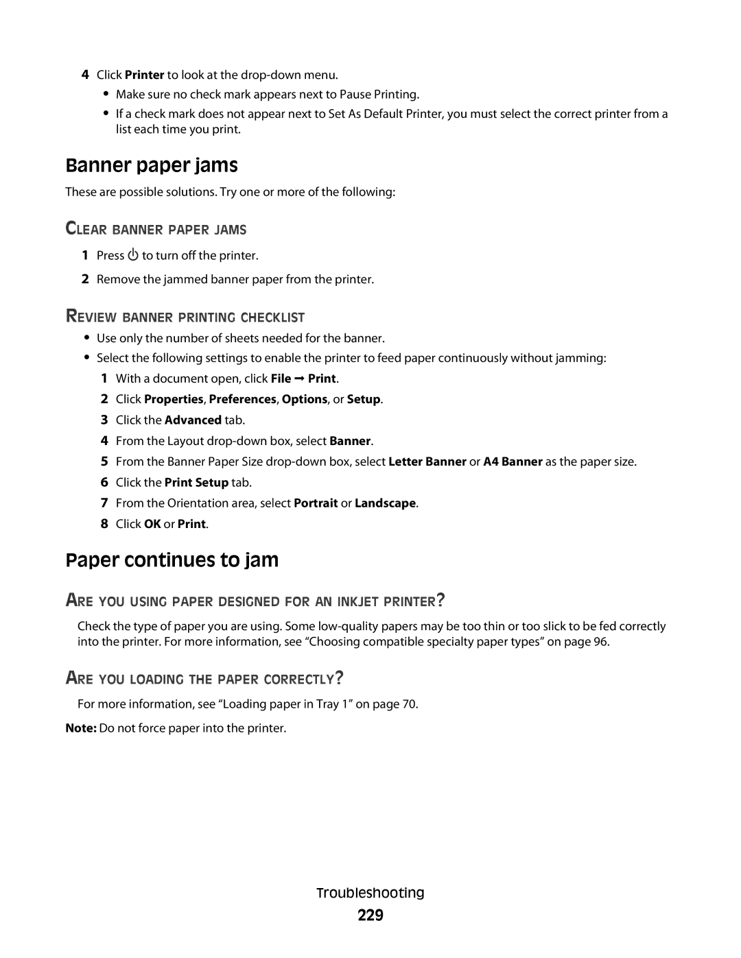 Lexmark 9500 Series manual Banner paper jams, Paper continues to jam, 229 