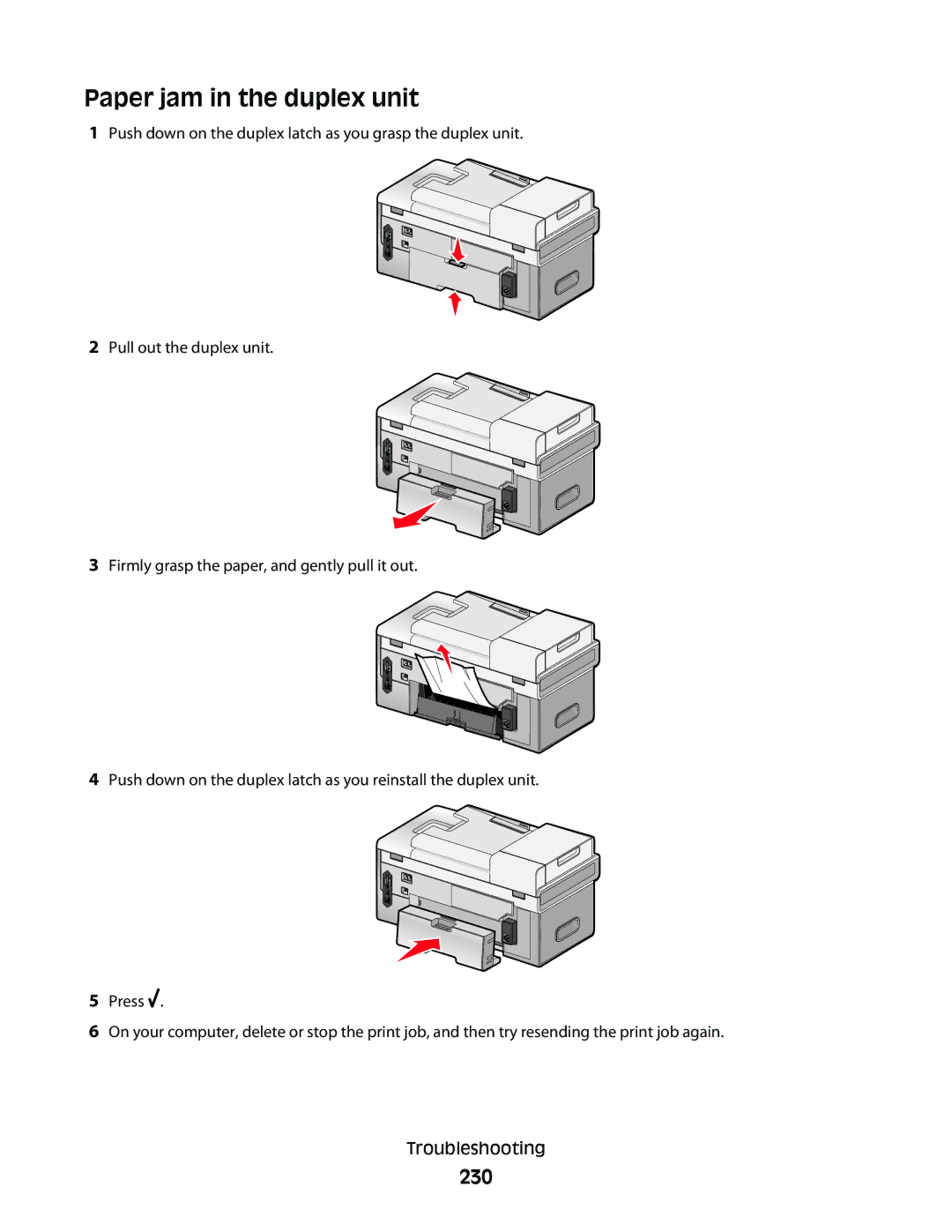 Lexmark 9500 Series manual Paper jam in the duplex unit, 230 