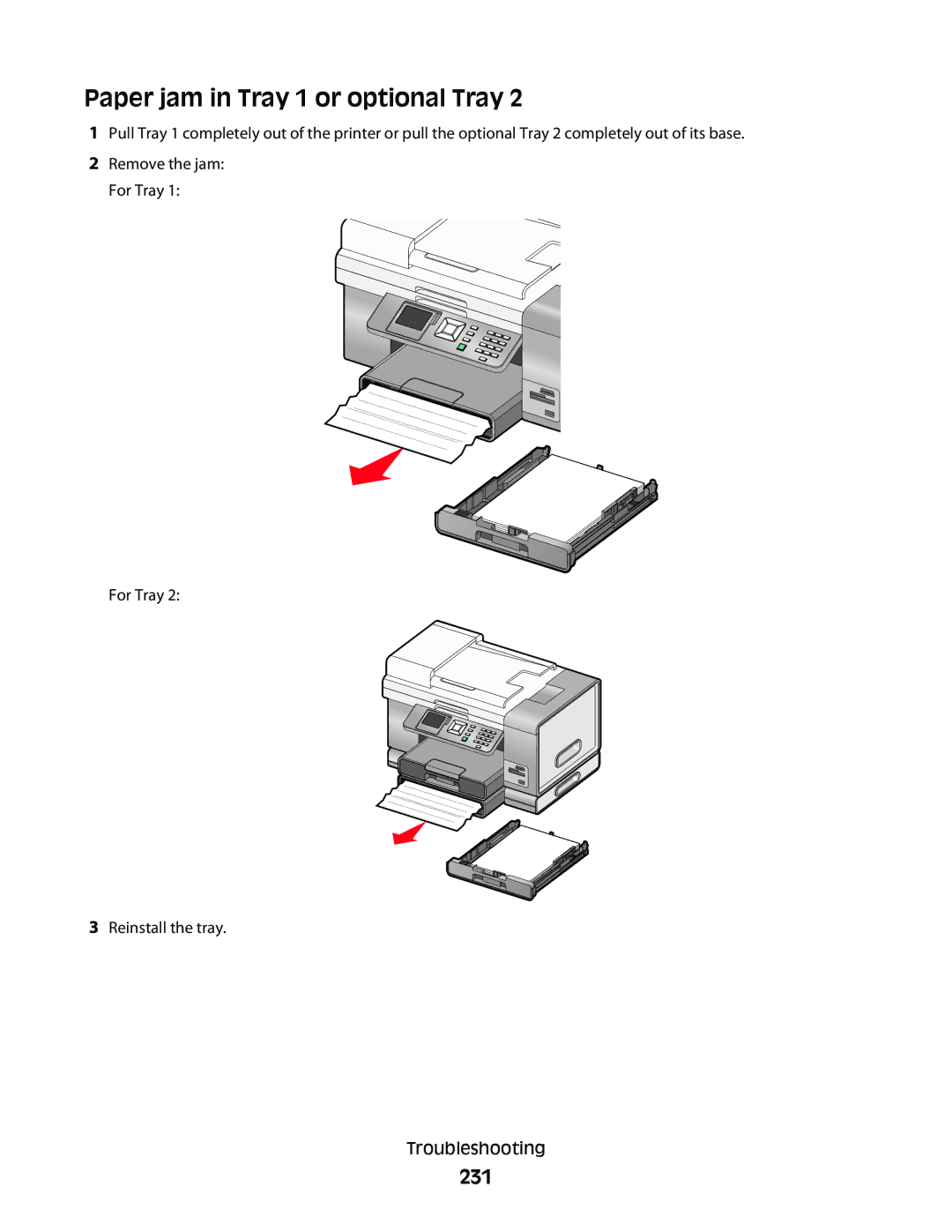 Lexmark 9500 Series manual Paper jam in Tray 1 or optional Tray, 231 