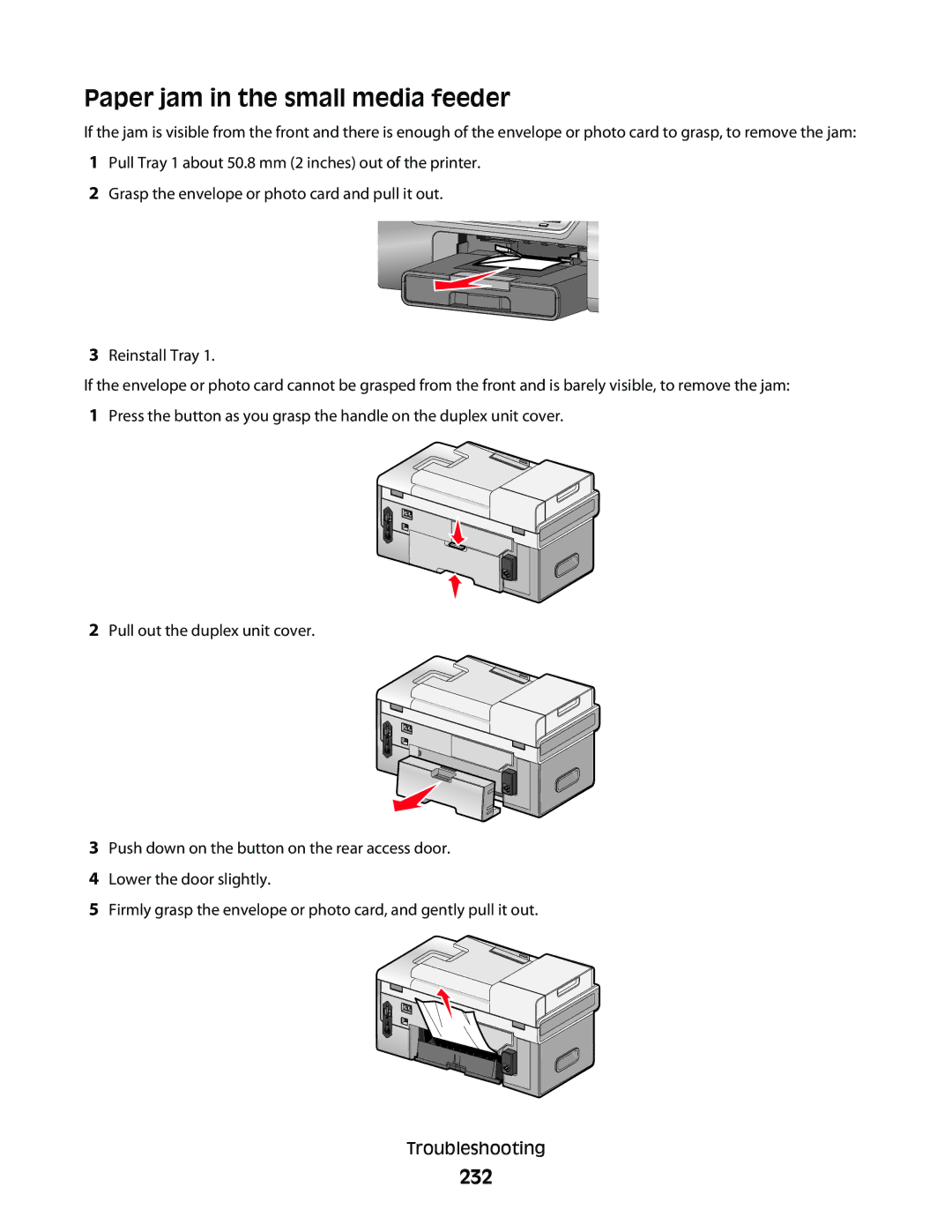 Lexmark 9500 Series manual Paper jam in the small media feeder, 232 