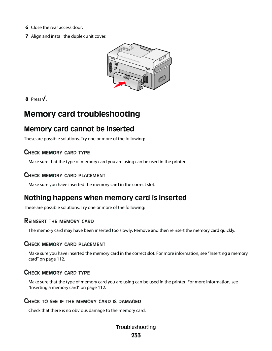 Lexmark 9500 Series manual Memory card troubleshooting, Memory card cannot be inserted, 233 