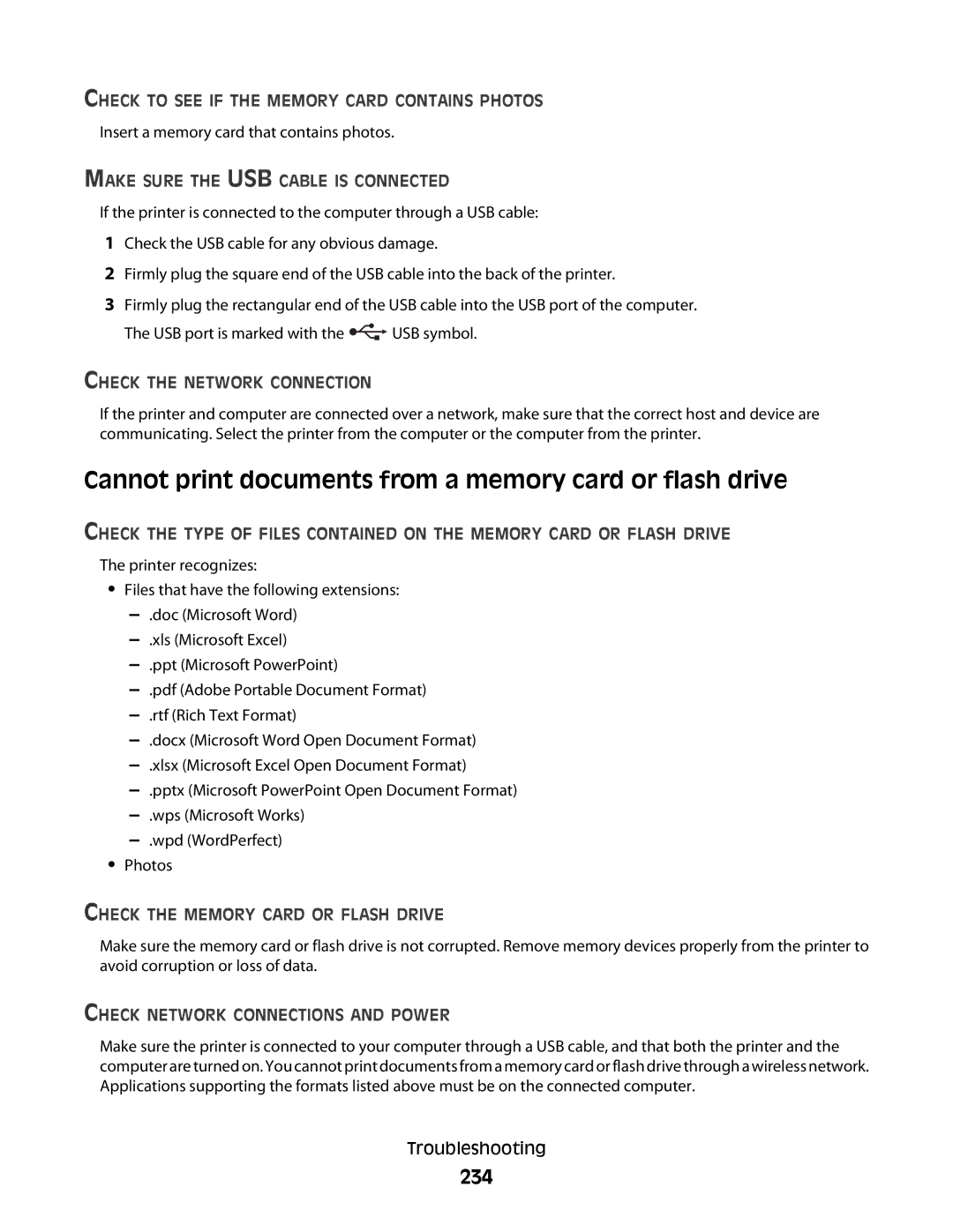 Lexmark 9500 Series manual Cannot print documents from a memory card or flash drive, 234 