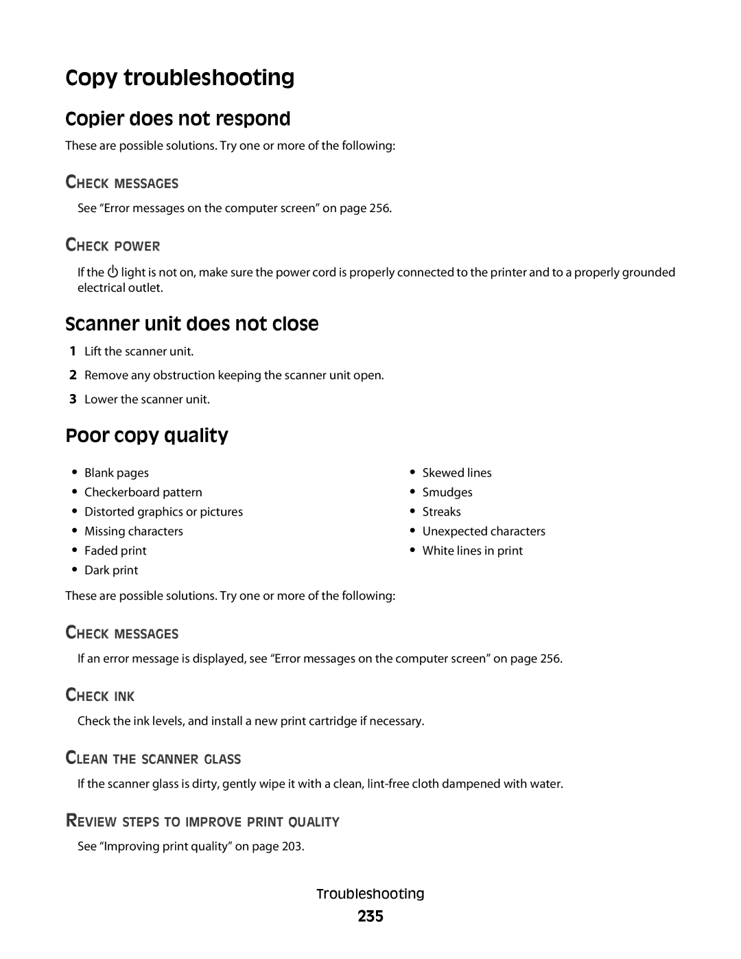 Lexmark 9500 Series Copy troubleshooting, Copier does not respond, Scanner unit does not close, Poor copy quality, 235 