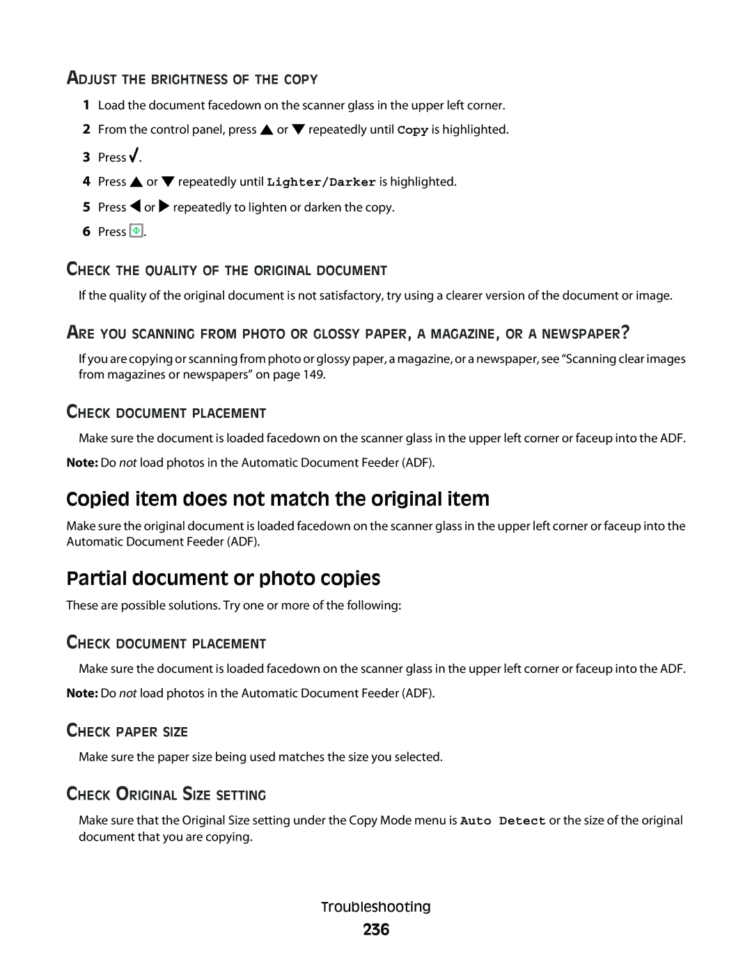 Lexmark 9500 Series manual Copied item does not match the original item, Partial document or photo copies, 236 