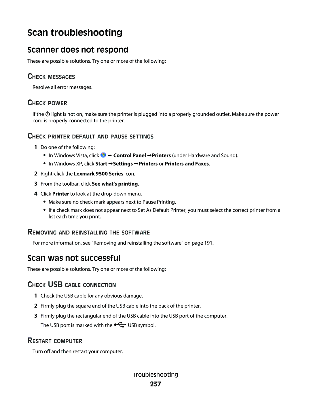 Lexmark 9500 Series manual Scan troubleshooting, Scanner does not respond, Scan was not successful, 237 