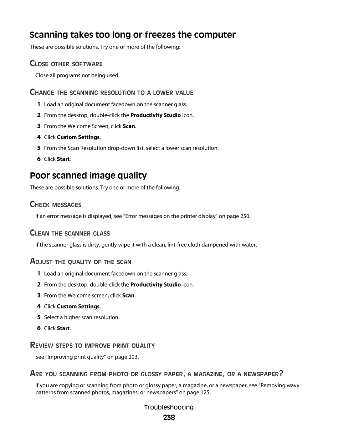 Lexmark 9500 Series manual Scanning takes too long or freezes the computer, Poor scanned image quality, 238 