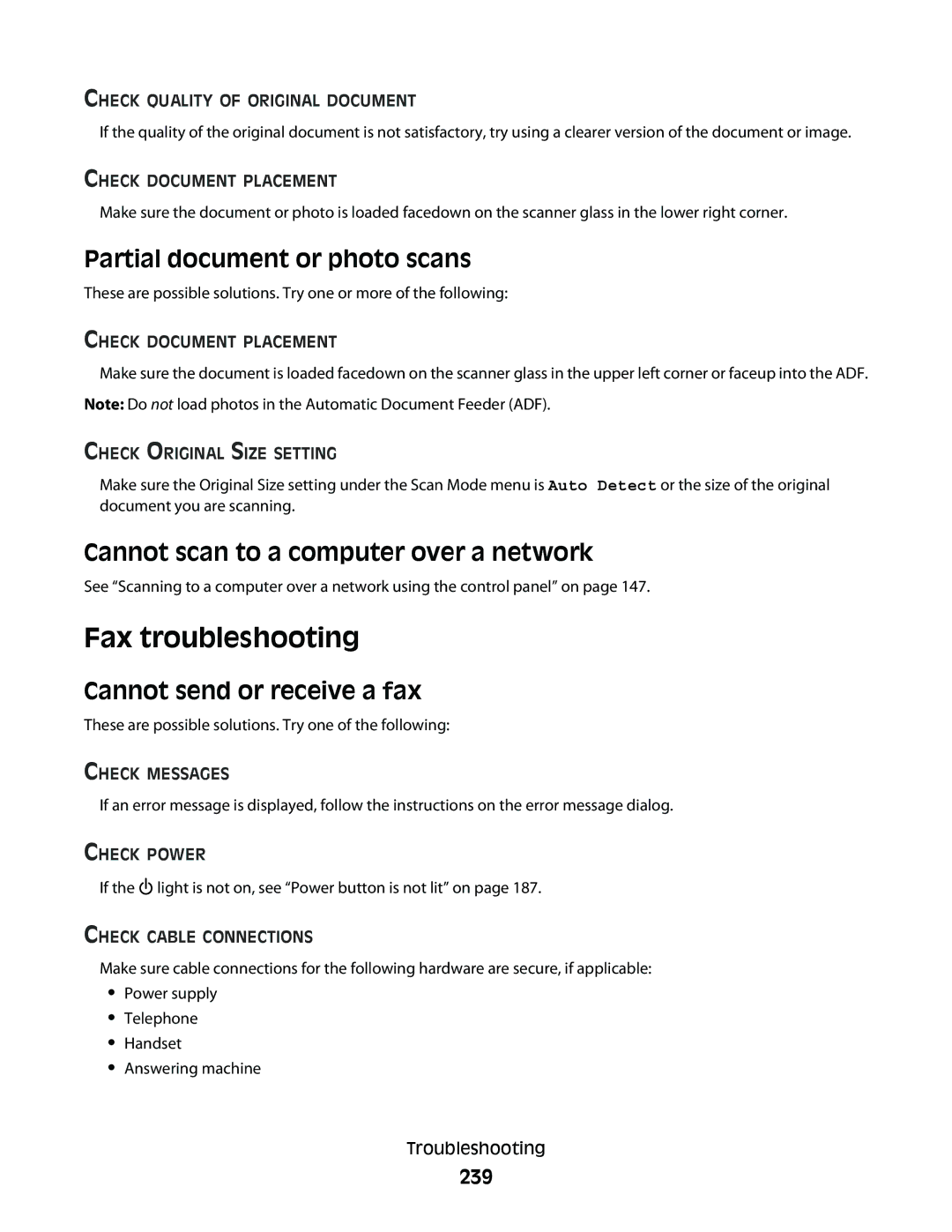 Lexmark 9500 Series Fax troubleshooting, Partial document or photo scans, Cannot scan to a computer over a network, 239 