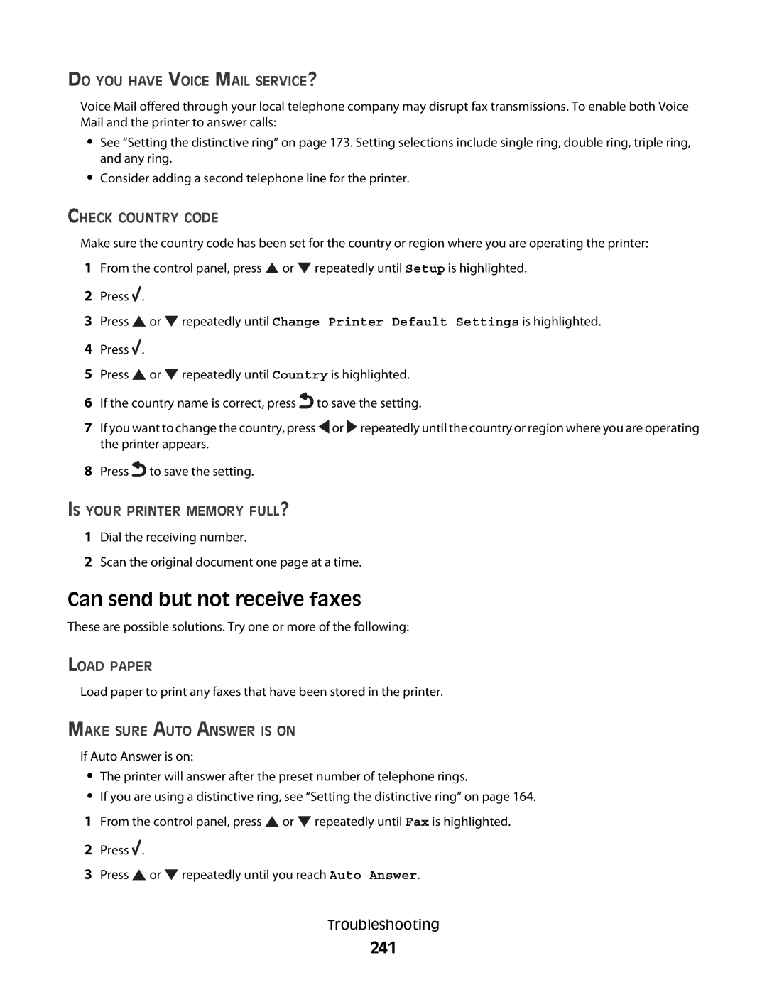 Lexmark 9500 Series manual Can send but not receive faxes, 241 