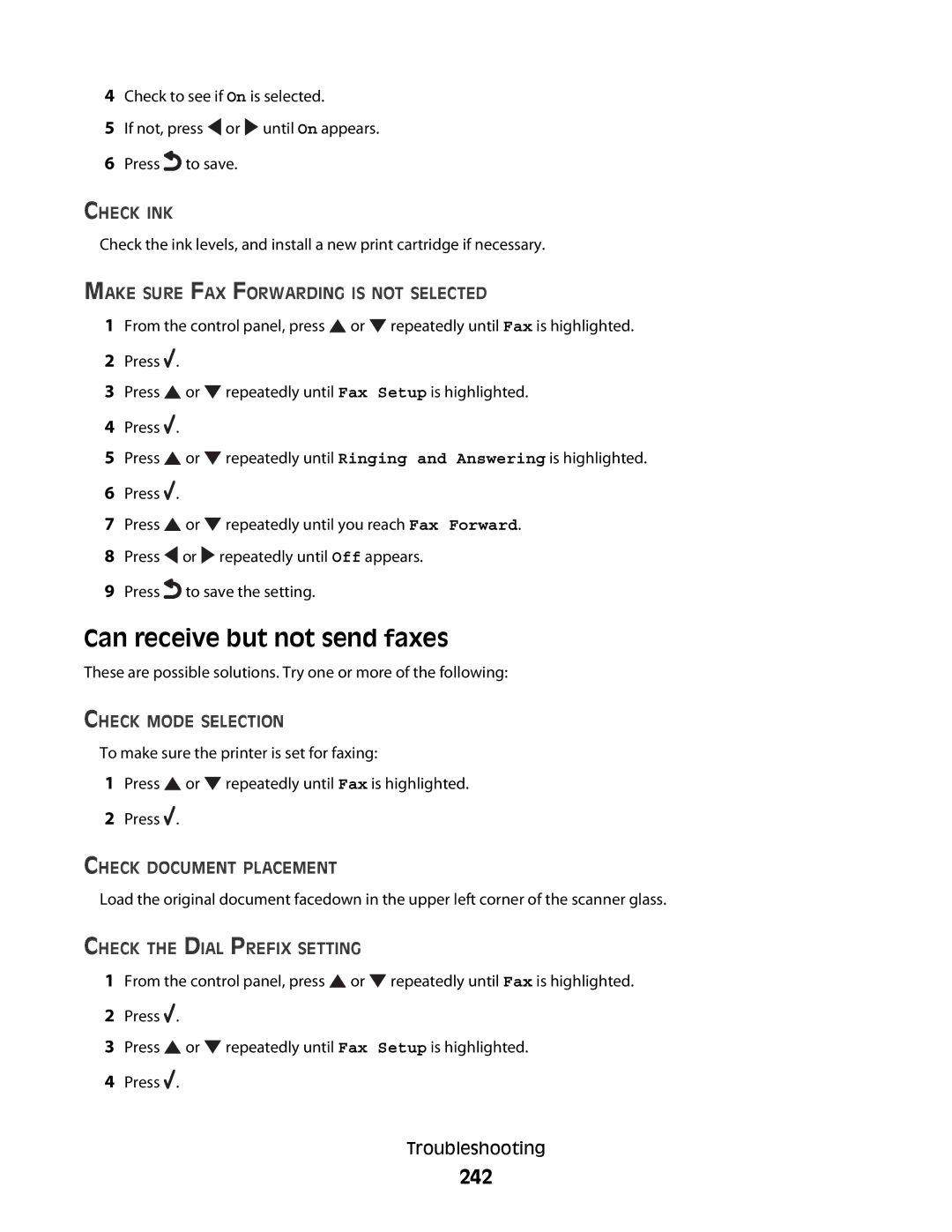 Lexmark 9500 Series Can receive but not send faxes, 242, Make Sure FAX Forwarding is not Selected, Check Mode Selection 