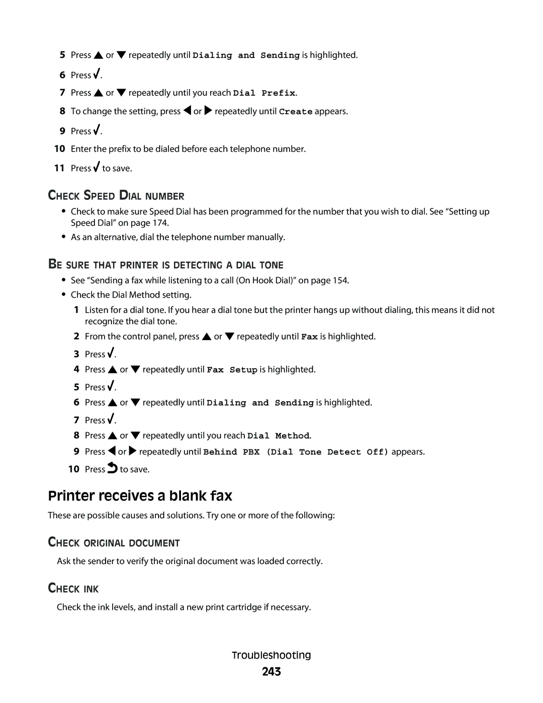 Lexmark 9500 Series manual Printer receives a blank fax, 243, Check Speed Dial Number, Check Original Document 