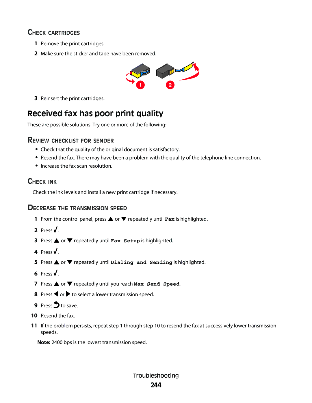 Lexmark 9500 Series Received fax has poor print quality, 244, Review Checklist for Sender, Decrease the Transmission Speed 