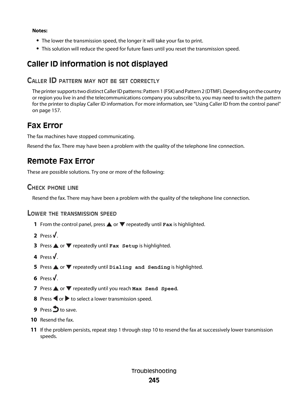 Lexmark 9500 Series manual Caller ID information is not displayed, Remote Fax Error, 245 