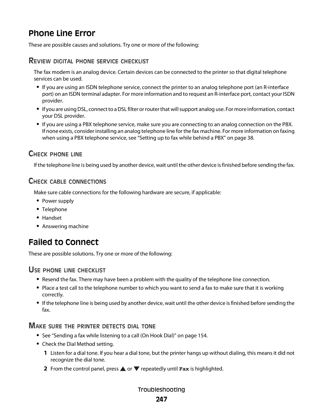 Lexmark 9500 Series manual Phone Line Error, Failed to Connect, 247, USE Phone Line Checklist 