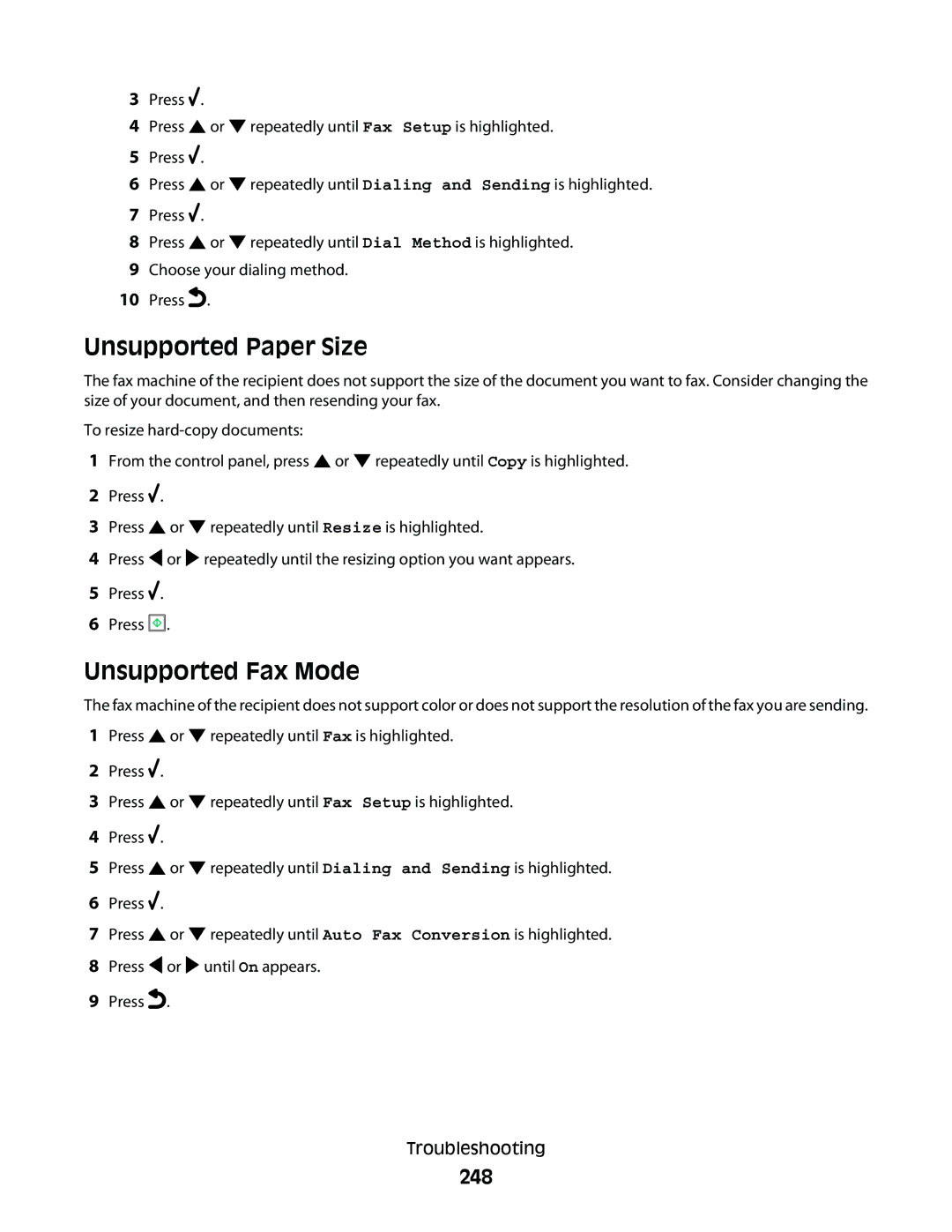 Lexmark 9500 Series manual Unsupported Paper Size, Unsupported Fax Mode, 248 