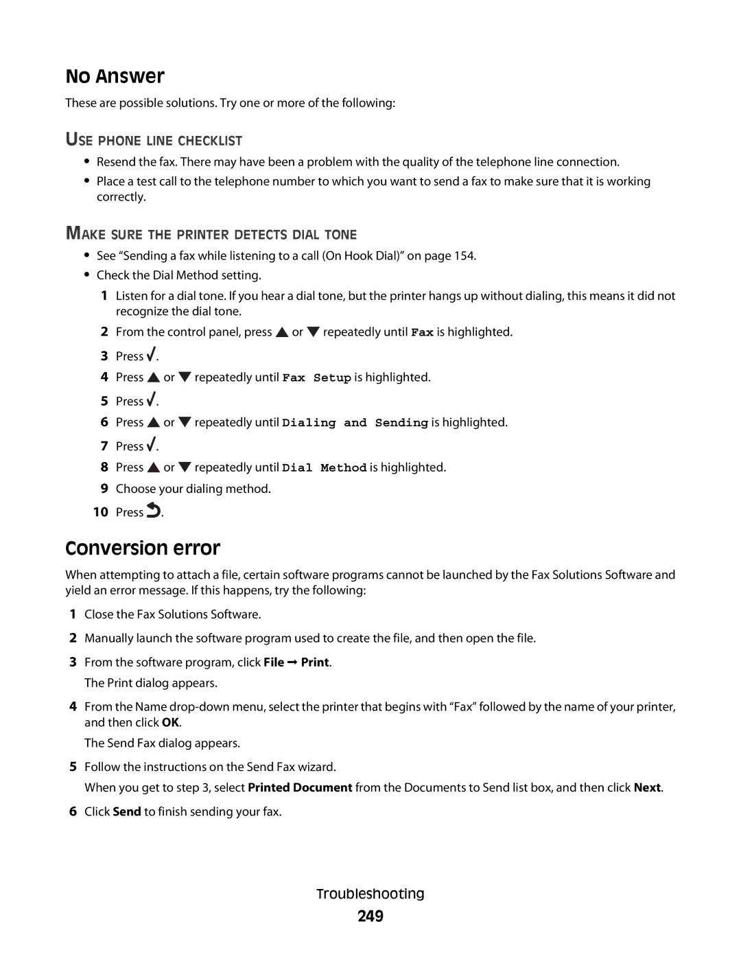 Lexmark 9500 Series manual No Answer, Conversion error, 249 