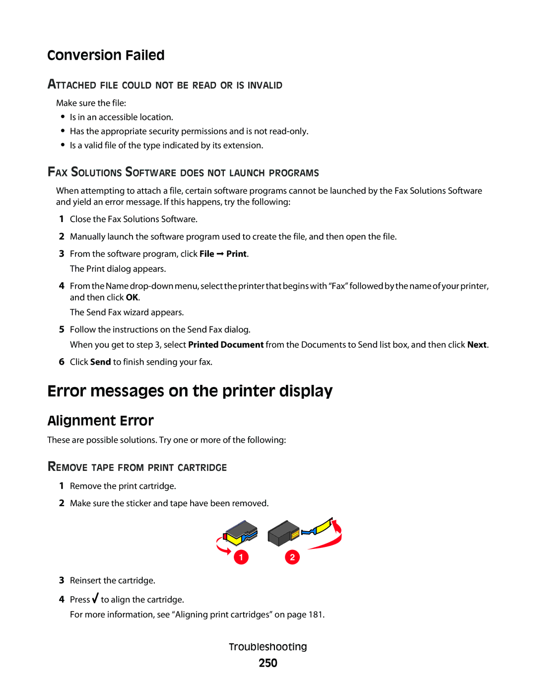 Lexmark 9500 Series manual Error messages on the printer display, Conversion Failed, Alignment Error, 250 