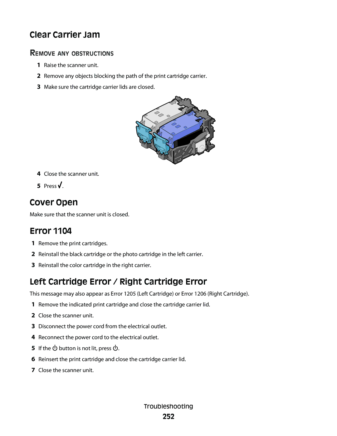 Lexmark 9500 Series manual Clear Carrier Jam, Cover Open, Left Cartridge Error / Right Cartridge Error, 252 