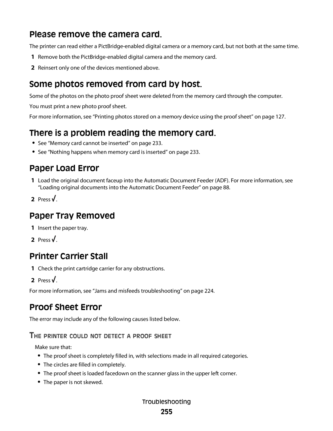 Lexmark 9500 Series manual Please remove the camera card, Some photos removed from card by host, Paper Load Error 