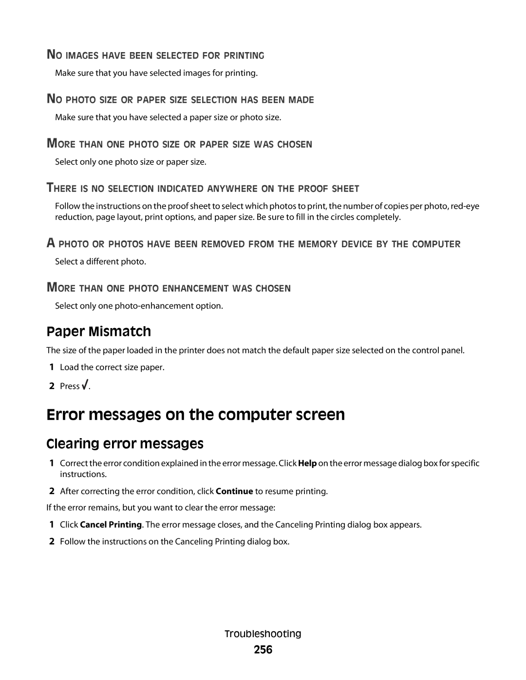 Lexmark 9500 Series manual Error messages on the computer screen, Paper Mismatch, Clearing error messages, 256 