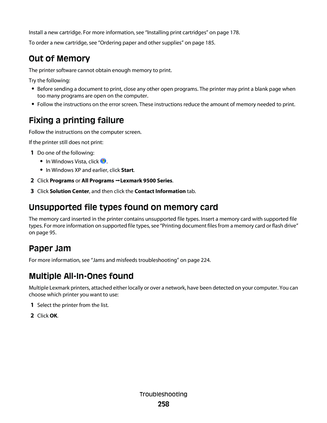 Lexmark 9500 Series manual Out of Memory, Fixing a printing failure, Unsupported file types found on memory card, Paper Jam 