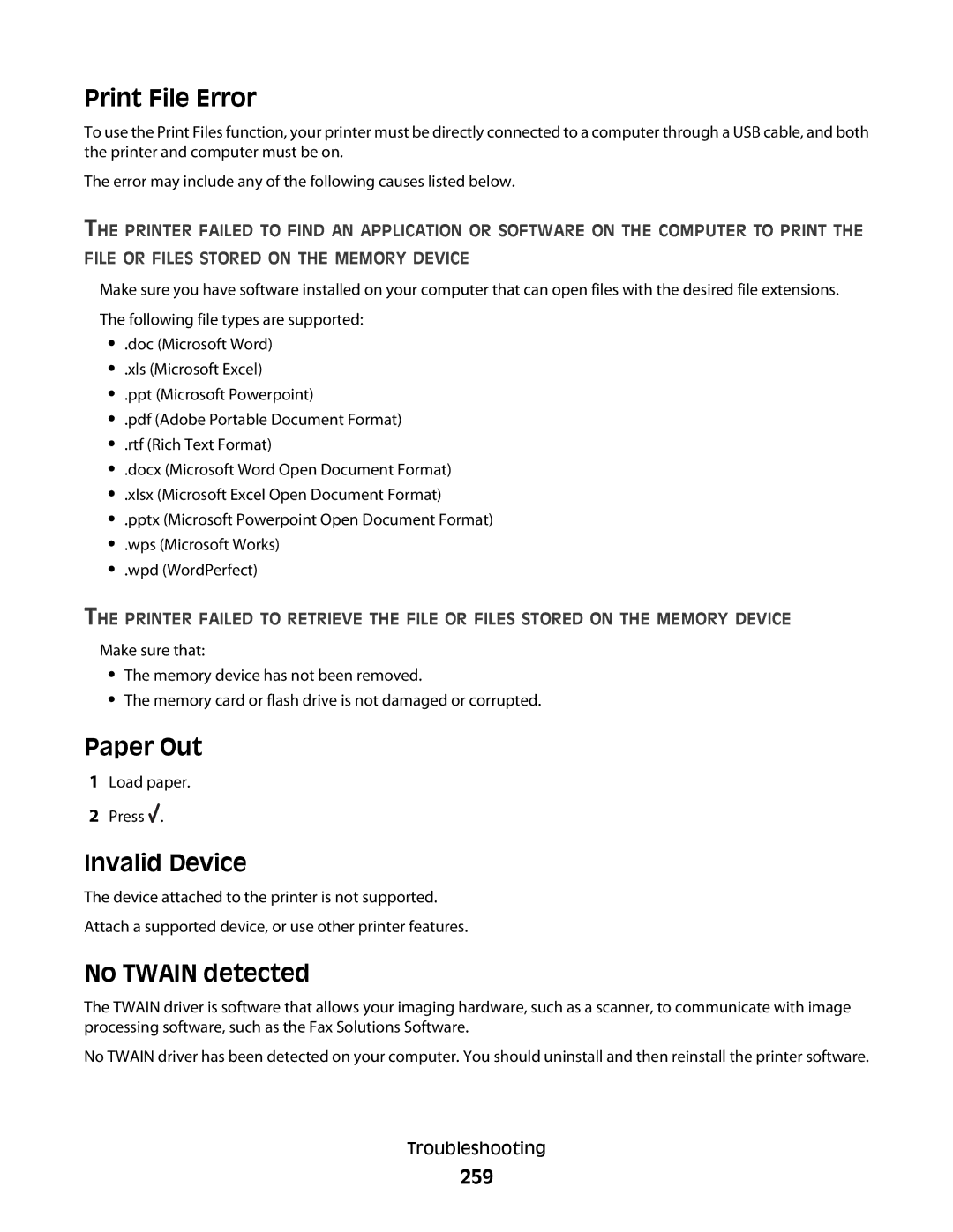 Lexmark 9500 Series manual Print File Error, Paper Out, Invalid Device, No Twain detected, 259 