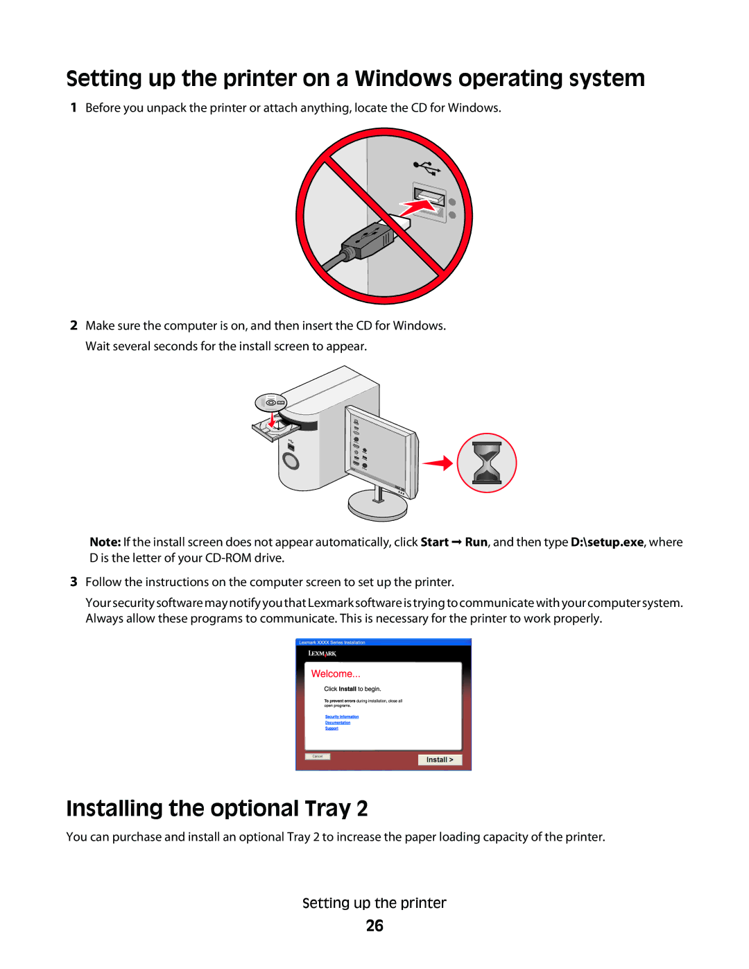 Lexmark 9500 Series manual Setting up the printer on a Windows operating system, Installing the optional Tray 