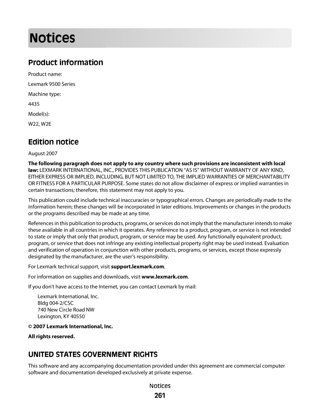 Lexmark 9500 Series manual 261, August, Lexmark International, Inc. All rights reserved 