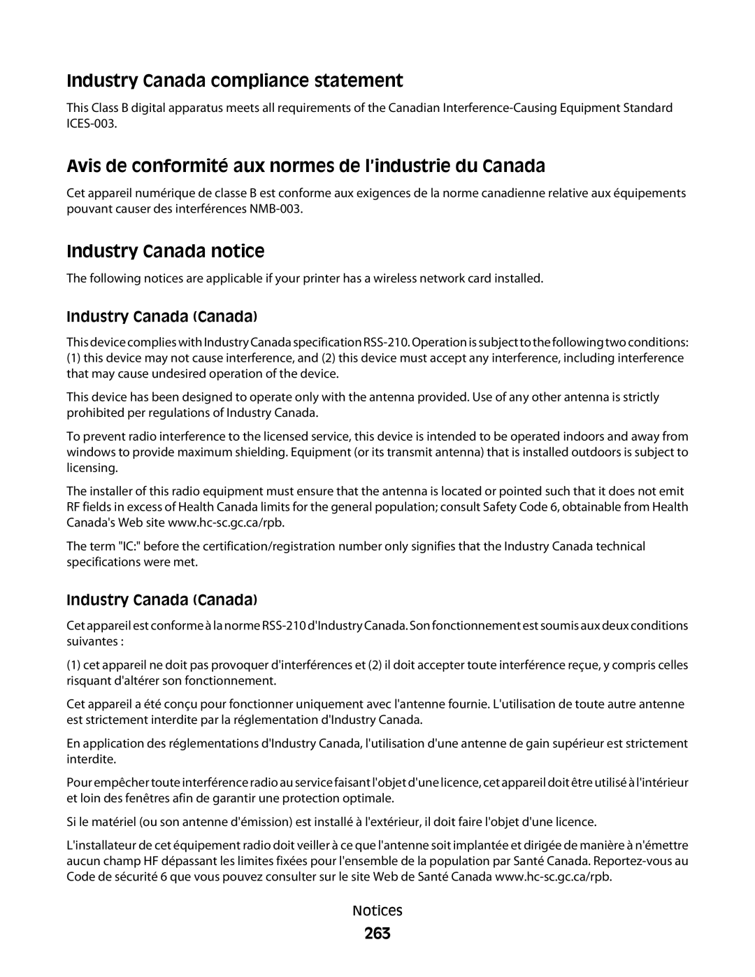 Lexmark 9500 Series manual Industry Canada compliance statement, 263 