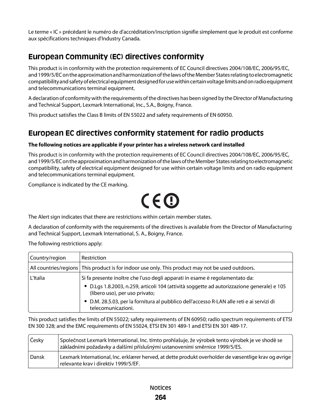 Lexmark 9500 Series manual European Community EC directives conformity, 264 