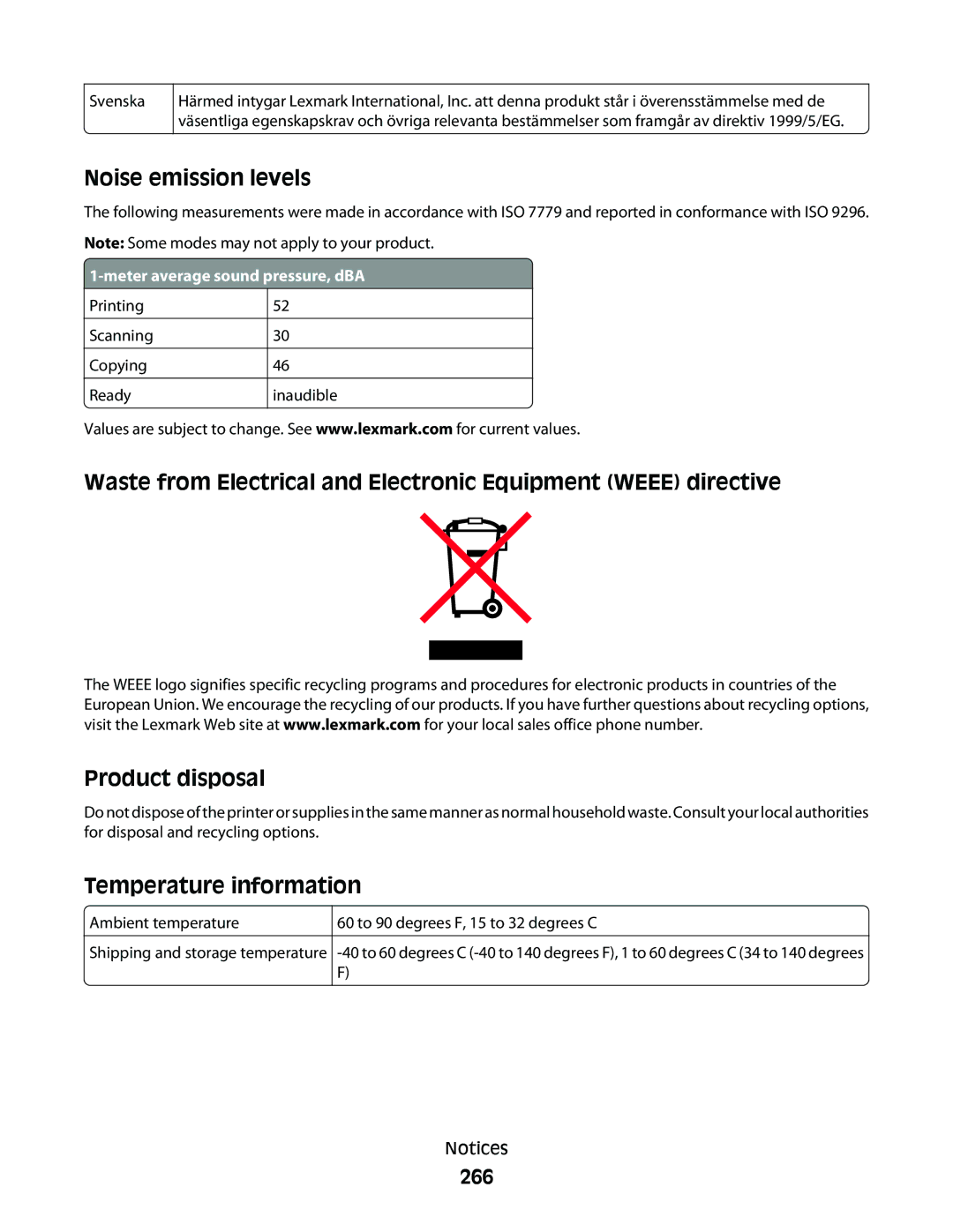 Lexmark 9500 Series manual 266, Svenska, Meter average sound pressure, dBA, Printing Scanning Copying Ready Inaudible 