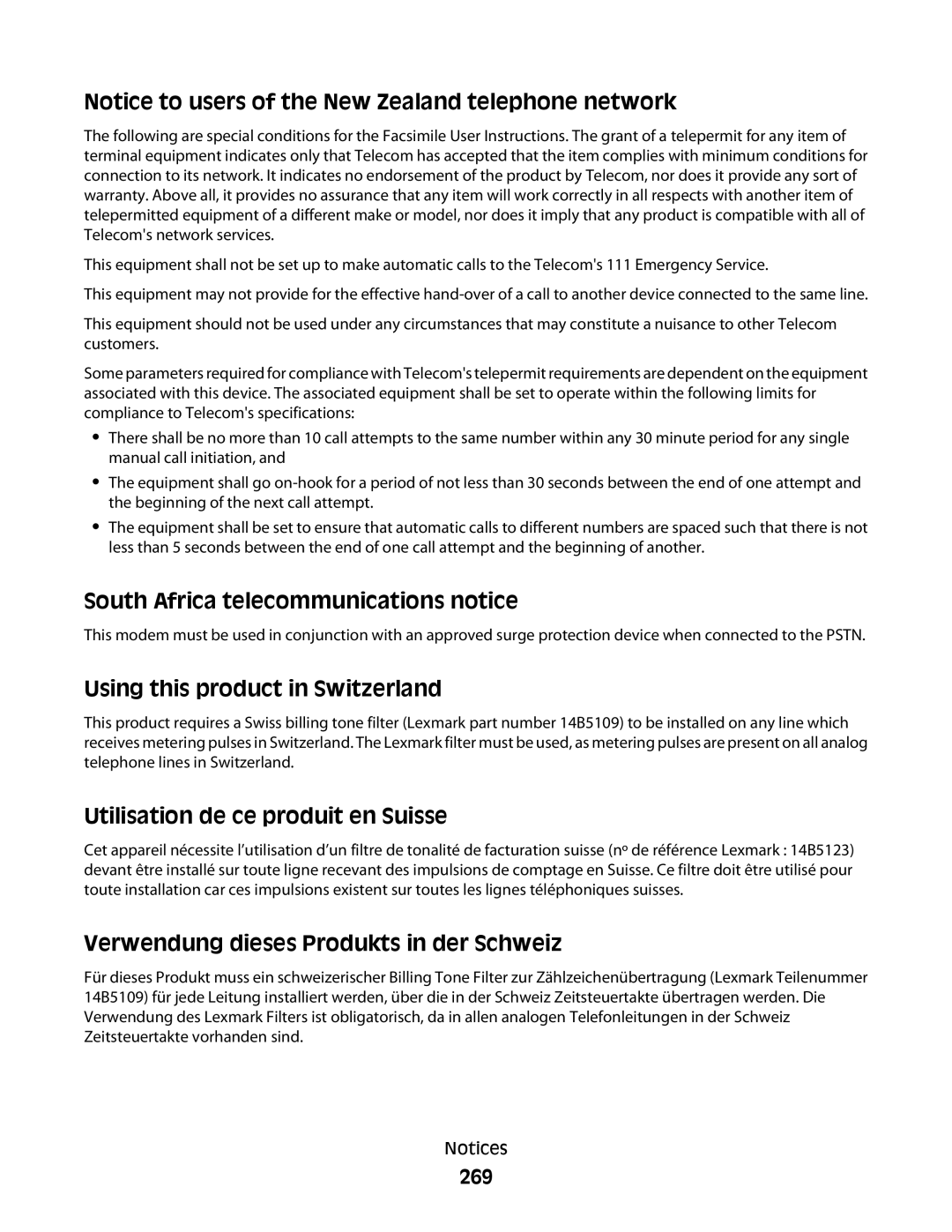 Lexmark 9500 Series manual South Africa telecommunications notice, 269 