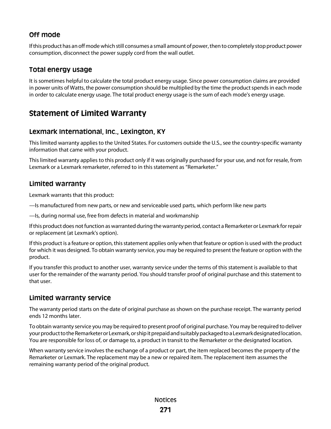 Lexmark 9500 Series manual 271, Off mode 