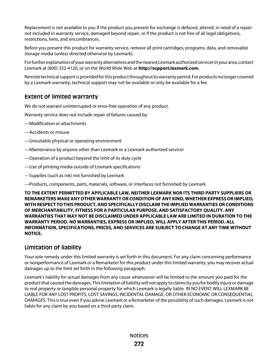 Lexmark 9500 Series manual 272, Extent of limited warranty 