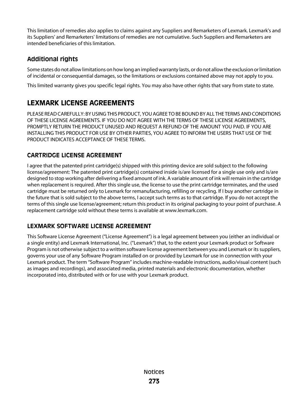 Lexmark 9500 Series manual 273, Additional rights 