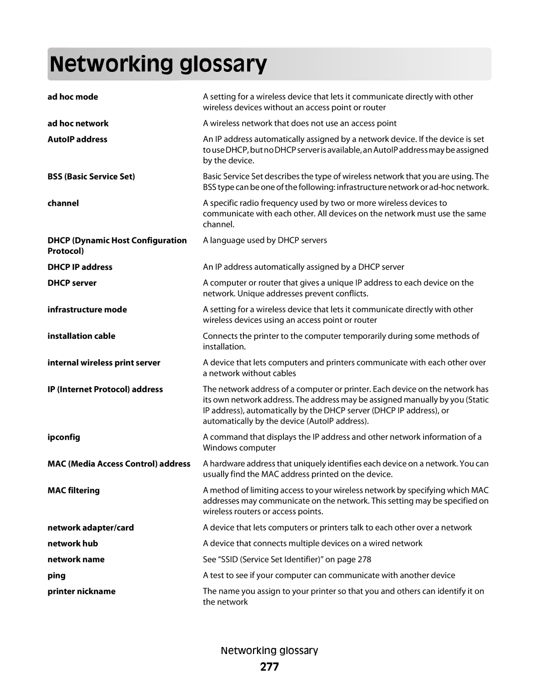 Lexmark 9500 Series manual Netwo rking glo ssary, 277, Networking glossary 