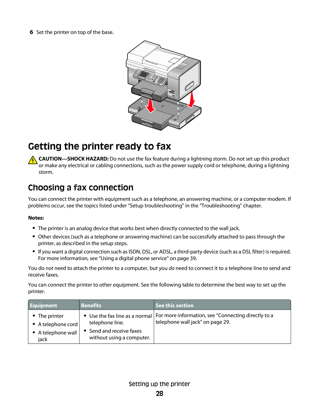 Lexmark 9500 Series Getting the printer ready to fax, Choosing a fax connection, Equipment, Benefits, See this section 