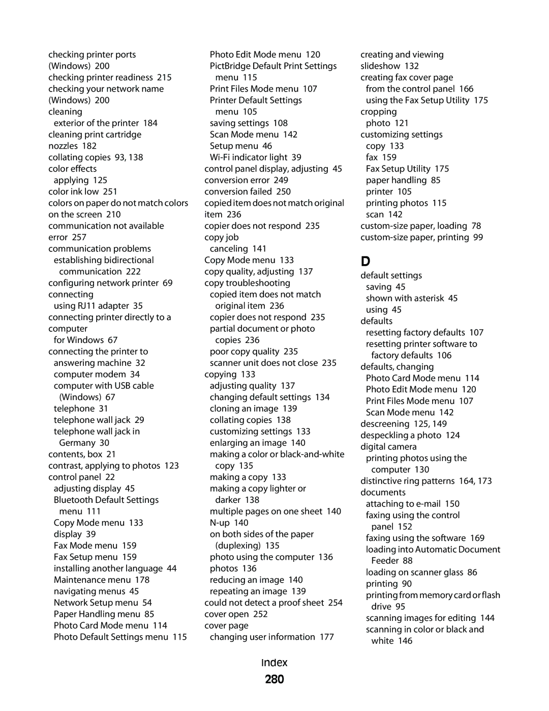 Lexmark 9500 Series manual 280, Menu, Shown with asterisk 45 using Defaults, Panel, White 