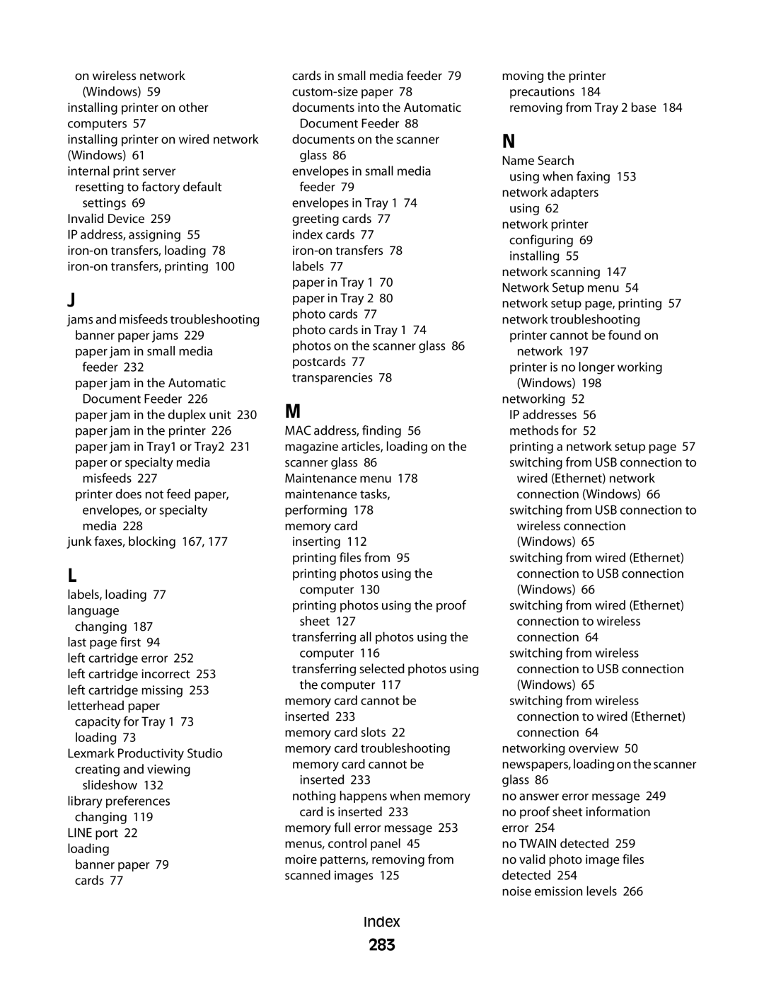 Lexmark 9500 Series manual 283, Settings 69 Invalid Device, Paper jam in small media feeder 