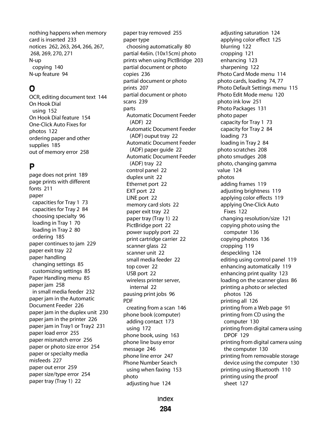 Lexmark 9500 Series manual 284, Fixes, Computer 136 copying photos 136 cropping 119 despeckling, Photos 126 printing all 