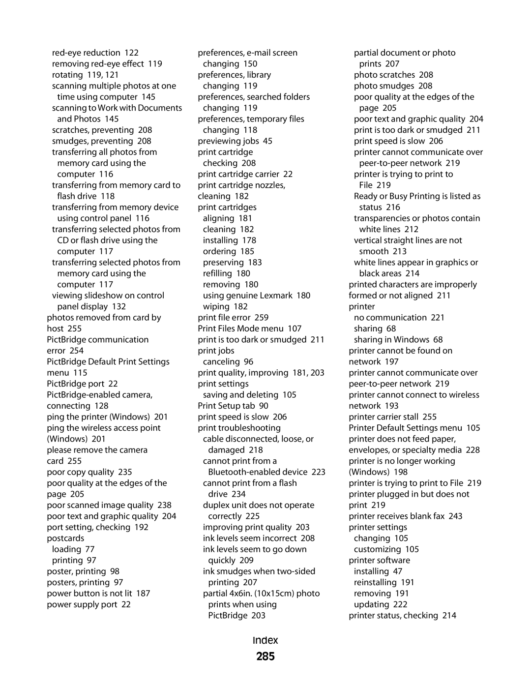 Lexmark 9500 Series manual 285, Scratches, preventing Changing, Memory card using Refilling Black areas Computer Removing 