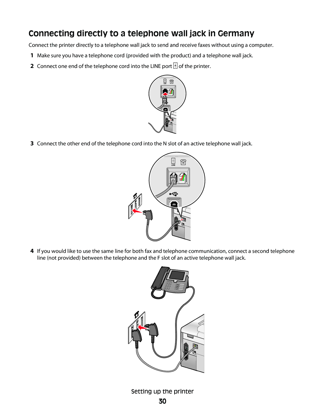 Lexmark 9500 Series manual Connecting directly to a telephone wall jack in Germany 