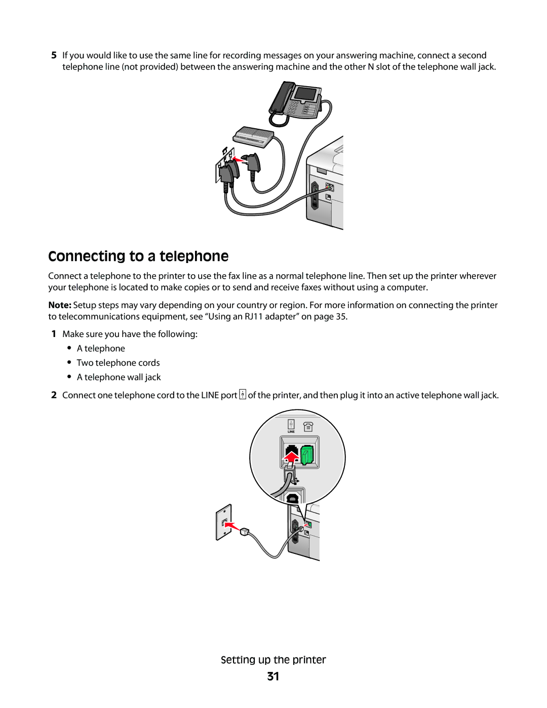 Lexmark 9500 Series manual Connecting to a telephone 