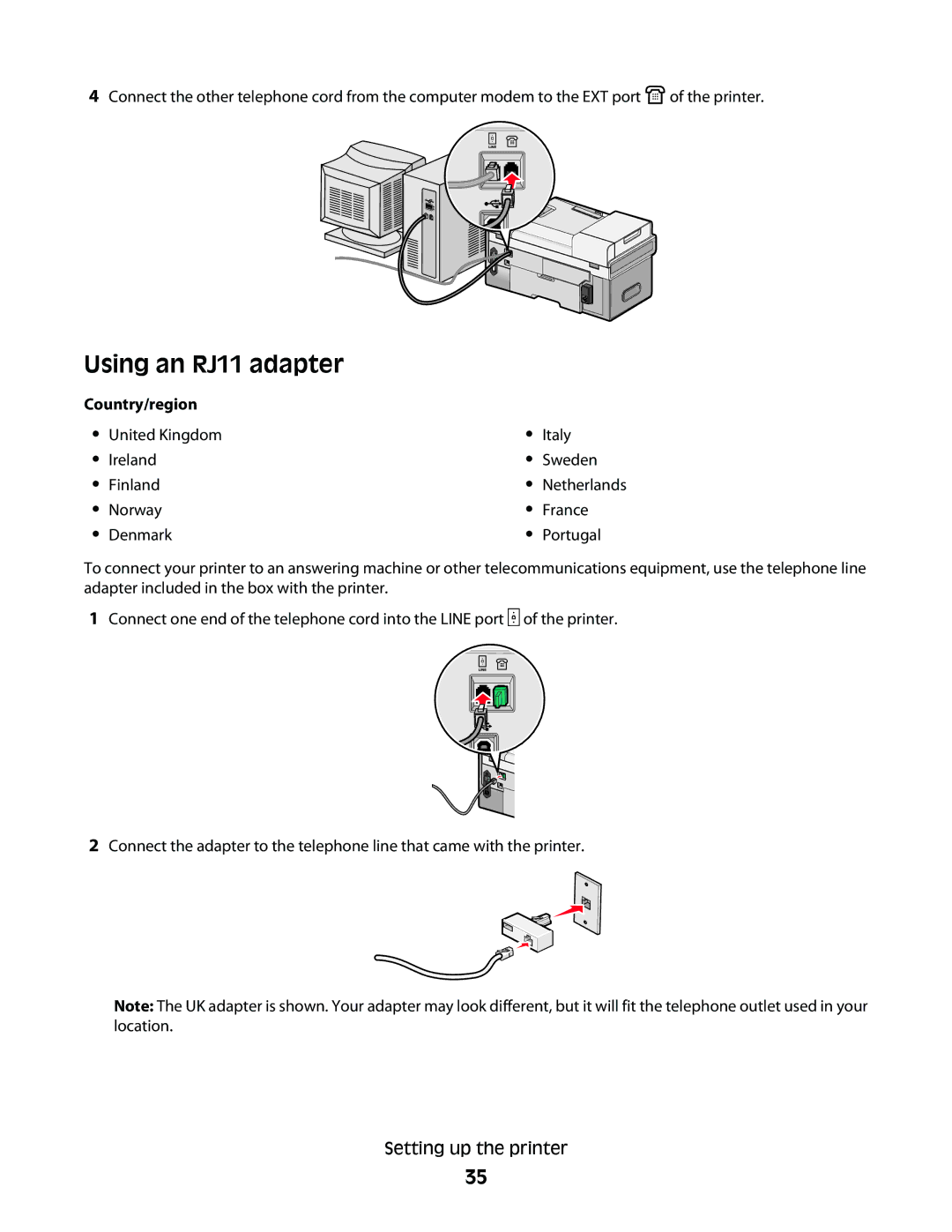 Lexmark 9500 Series manual Using an RJ11 adapter, Country/region United Kingdom Italy Ireland Sweden Finland 