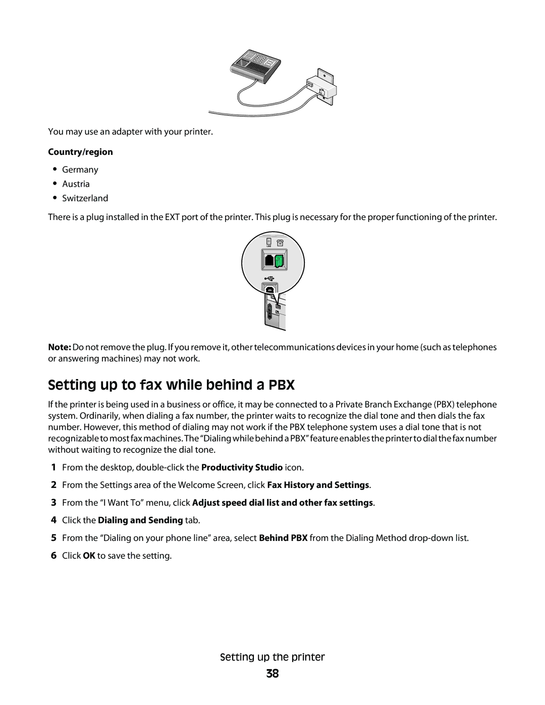 Lexmark 9500 Series manual Setting up to fax while behind a PBX, You may use an adapter with your printer, Country/region 