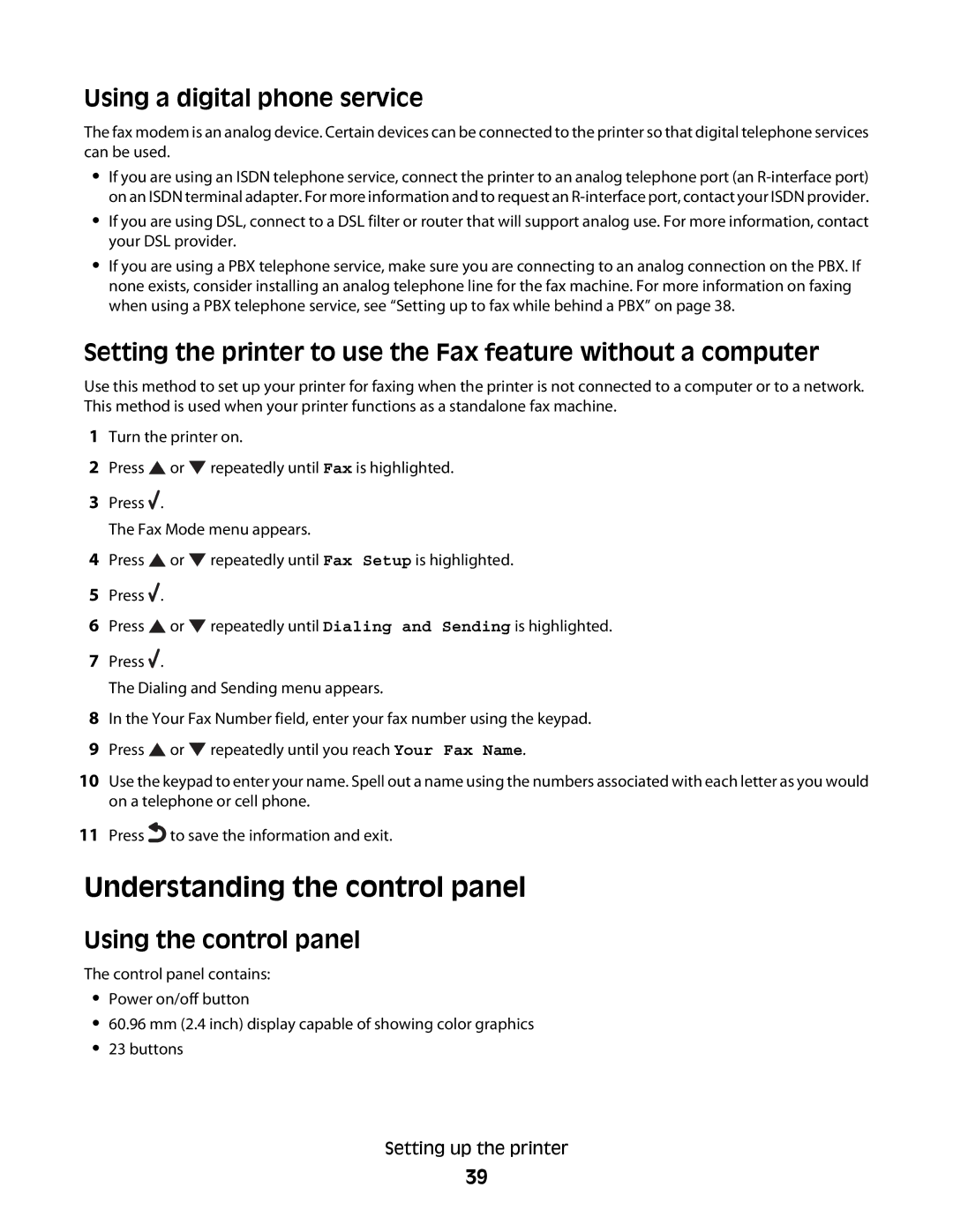 Lexmark 9500 Series manual Understanding the control panel, Using a digital phone service, Using the control panel 