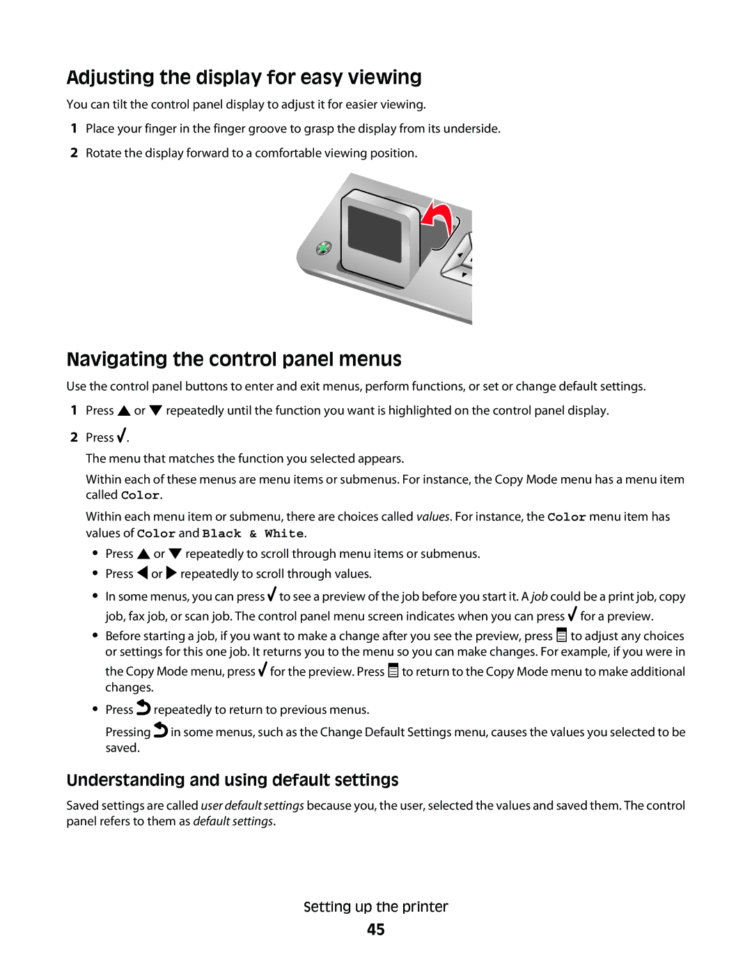 Lexmark 9500 Series manual Adjusting the display for easy viewing, Navigating the control panel menus 