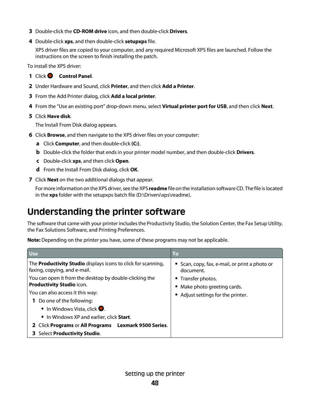 Lexmark 9500 Series Understanding the printer software, Click Œ Control Panel, Click Have disk, Select Productivity Studio 