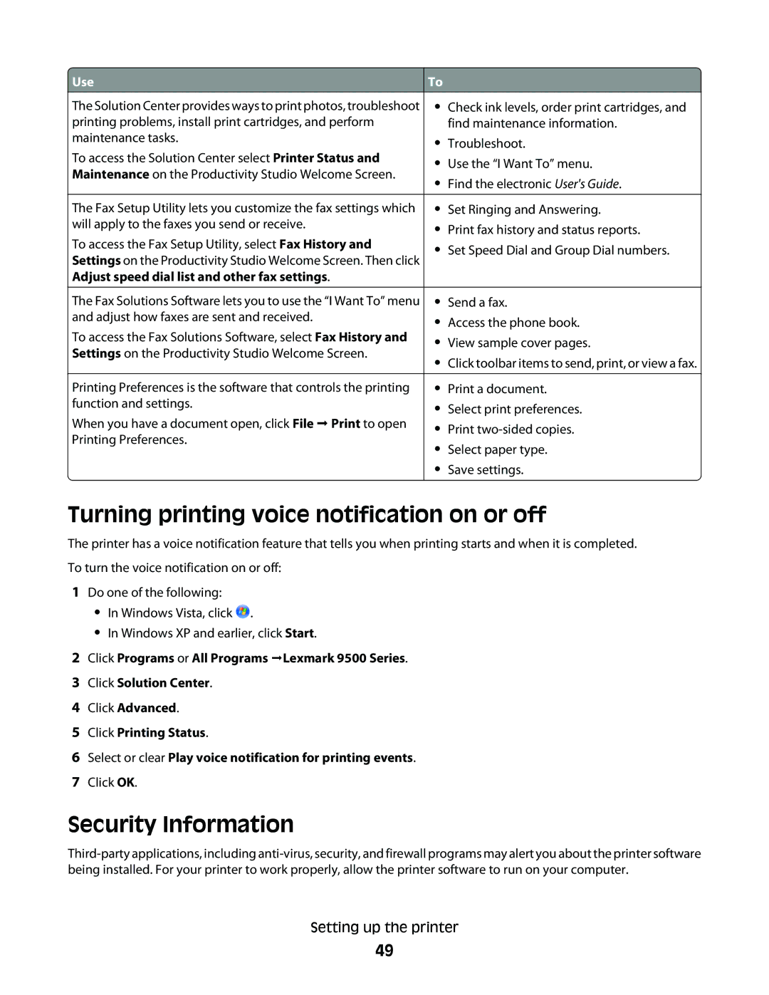 Lexmark 9500 Series manual Turning printing voice notification on or off, Security Information, Click OK 